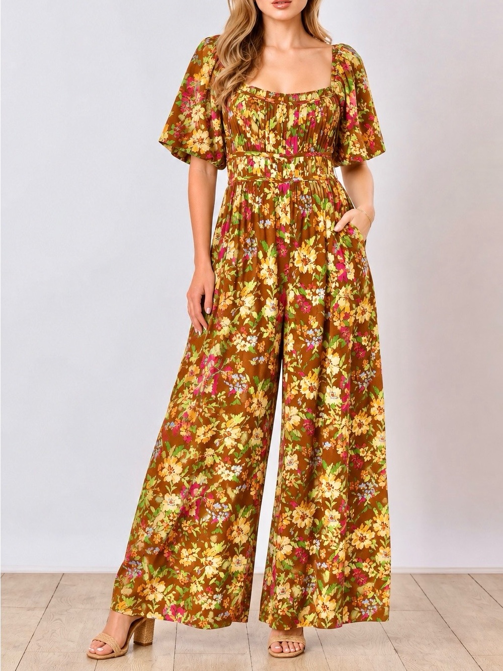 Peach Love Brown Floral Wide Leg Jumpsuit – Size L